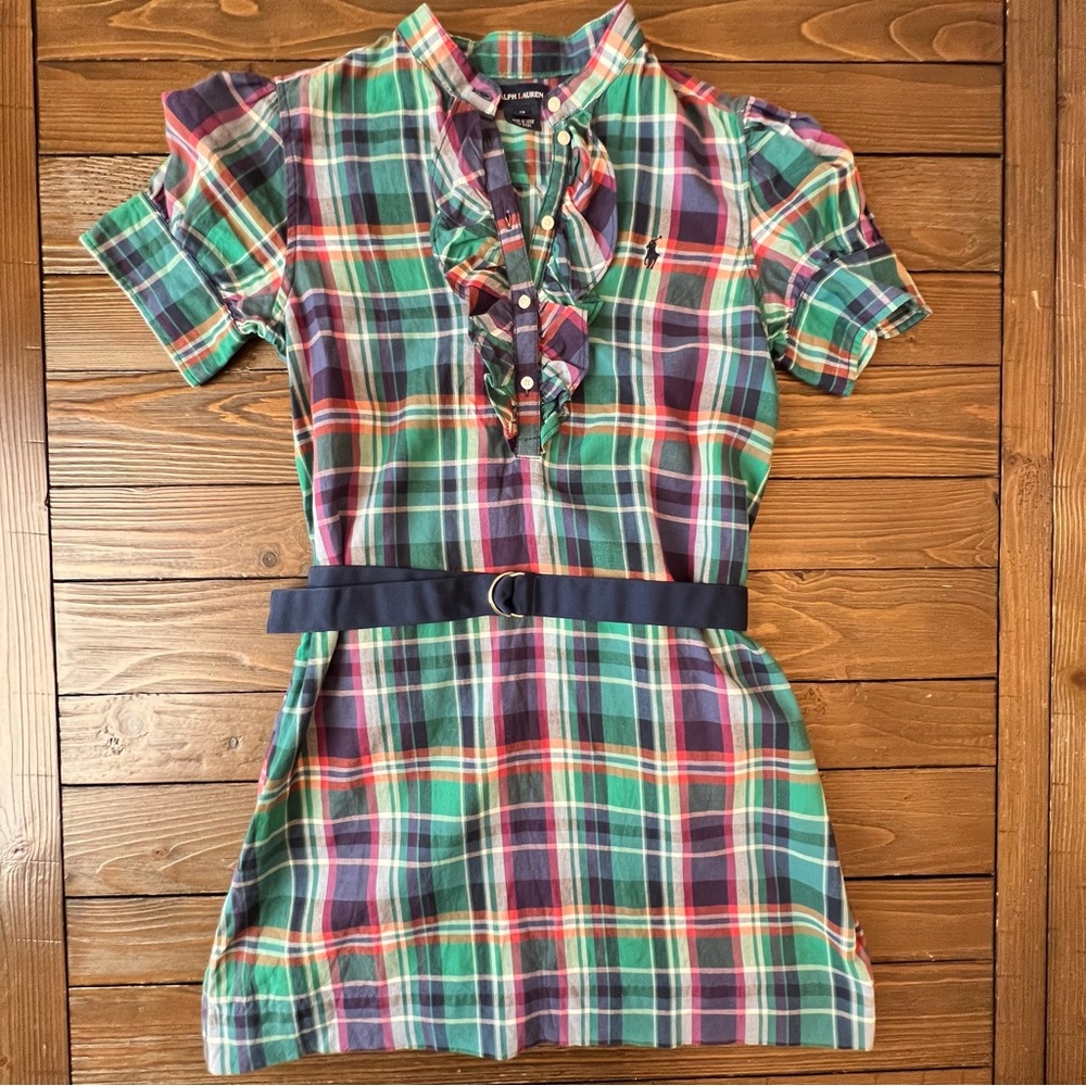Ralph Lauren Kids Plaid Ruffle Dress with Belt Size 12 year Girls EUC